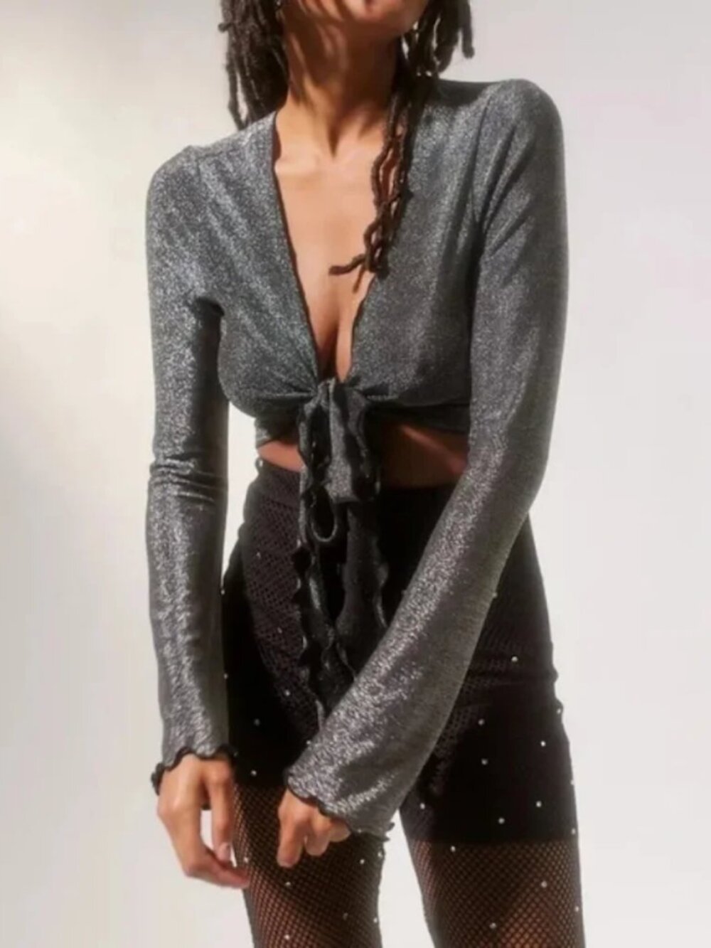 Urban Outfitters Metallic Lurex Shrug Cardigan S Silver Glitter Tie Bell Sleeve